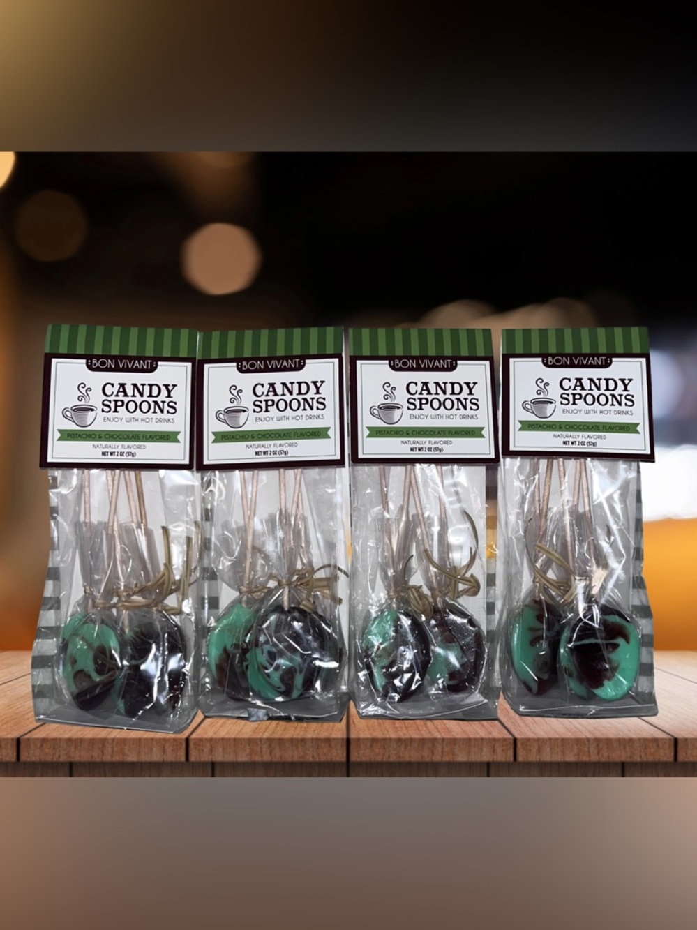 NEW! Bon Vivant 4 Packs Pistachio & Chocolate Candy Stirrers.  20 Stirs Total